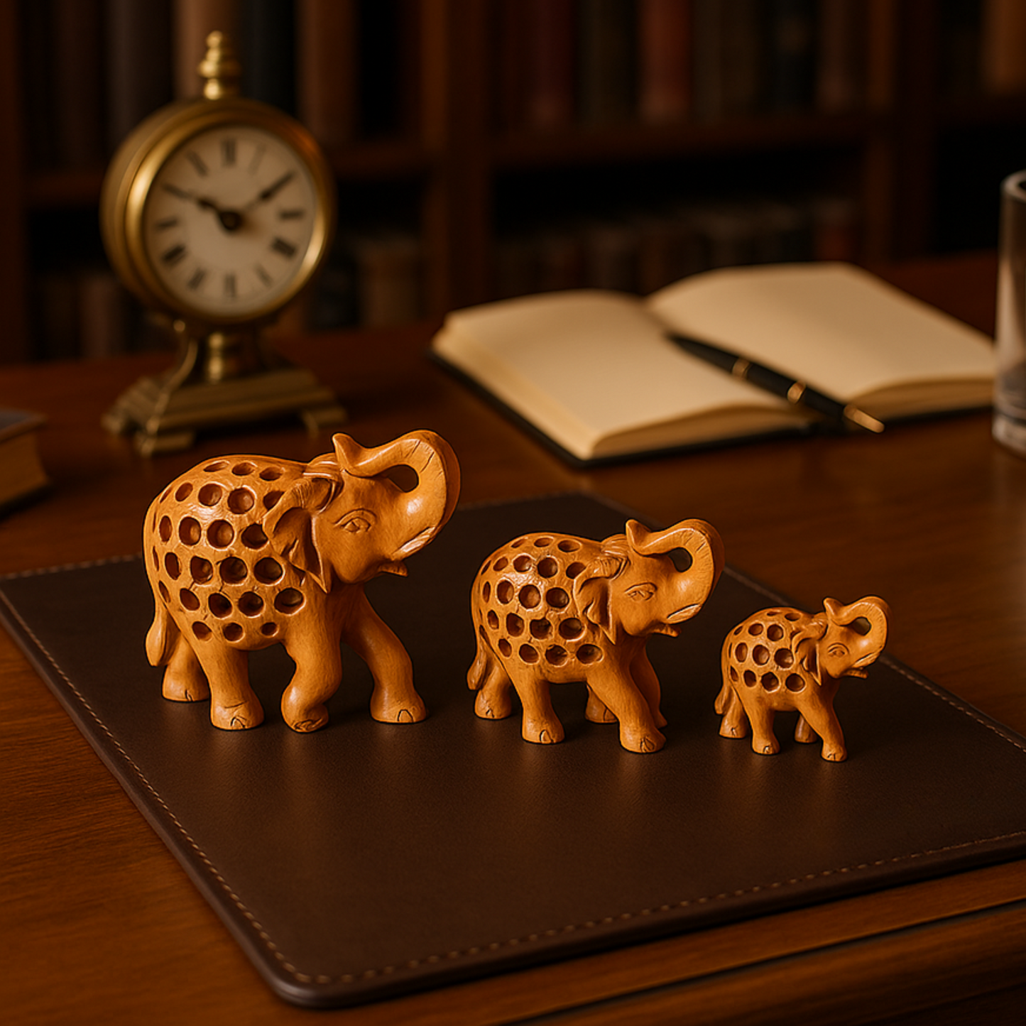 Handcrafted Wooden Elephant Family – Intricate Jali Work Décor