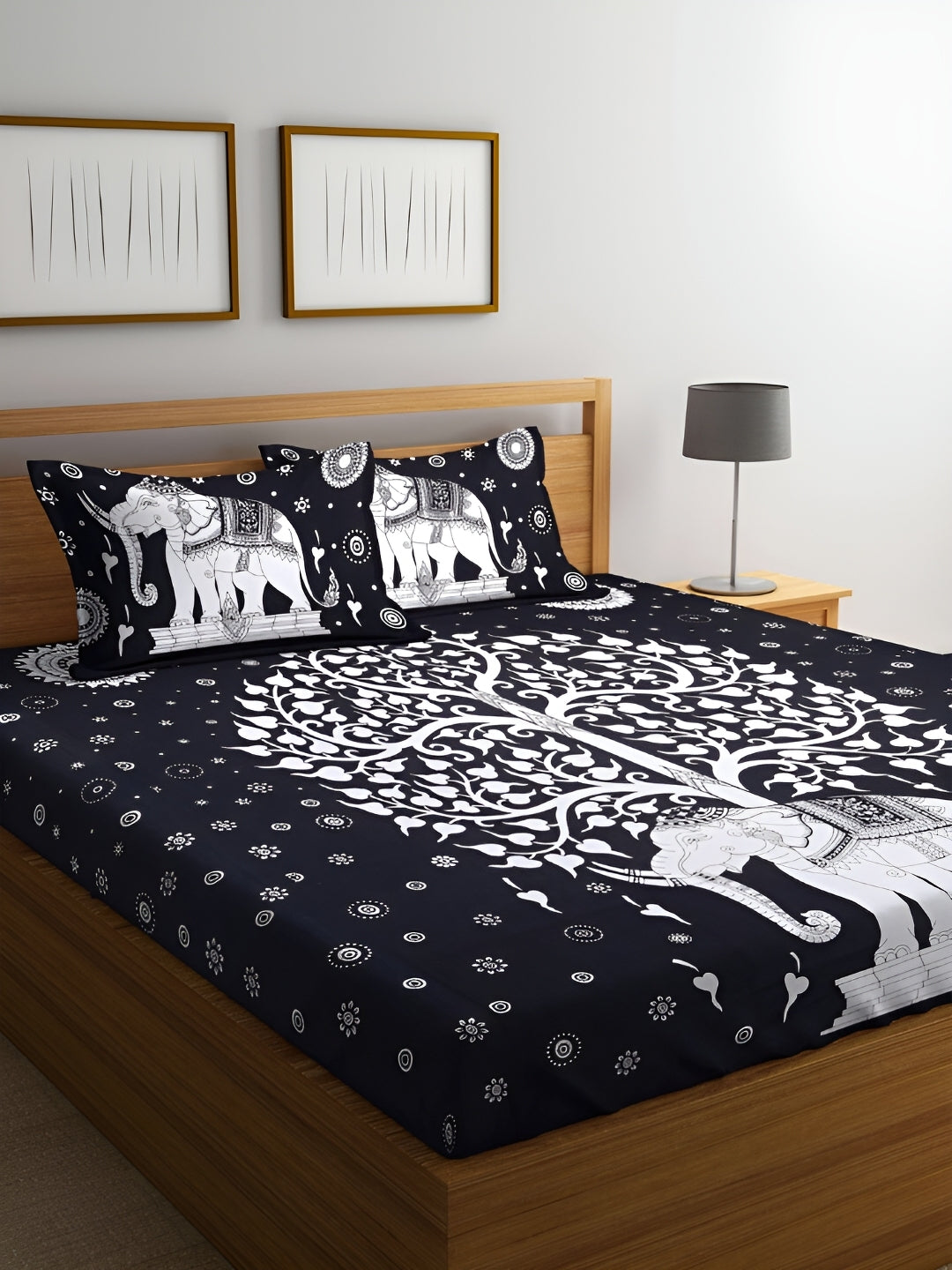 Black & White Tree of Life Bedsheet | Elephant Rajasthani Print | 100% Cotton