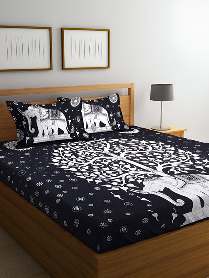 Black & White Tree of Life Bedsheet | Elephant Rajasthani Print | 100% Cotton
