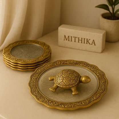 Decorative Turtle on Ornate Glass Plate – Auspicious Home Accent