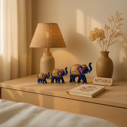 Royal Blue Elephant Trio – Hand-Painted Rajasthani Décor Set