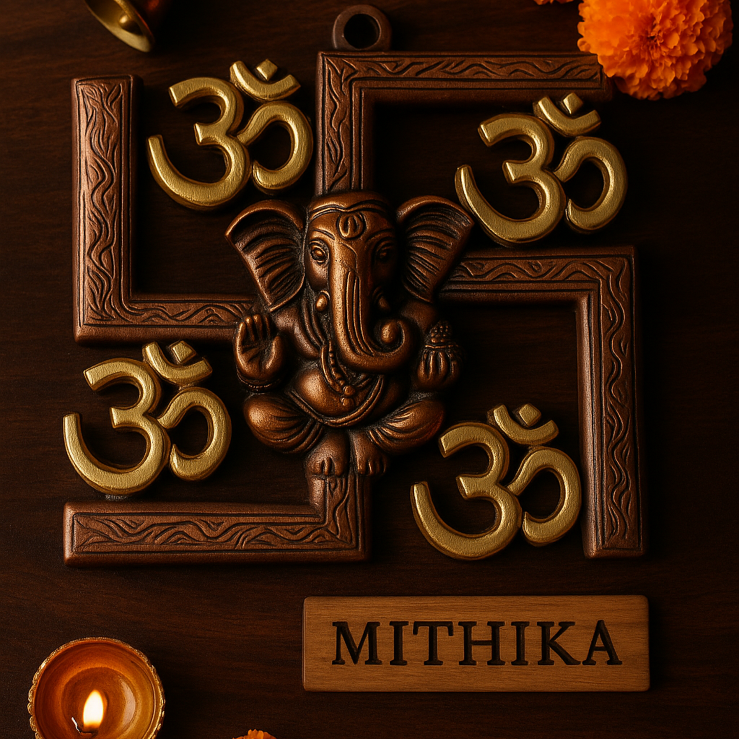 Swastik Ganesh Wall Décor – Royal Brass Elegance with Om Accents