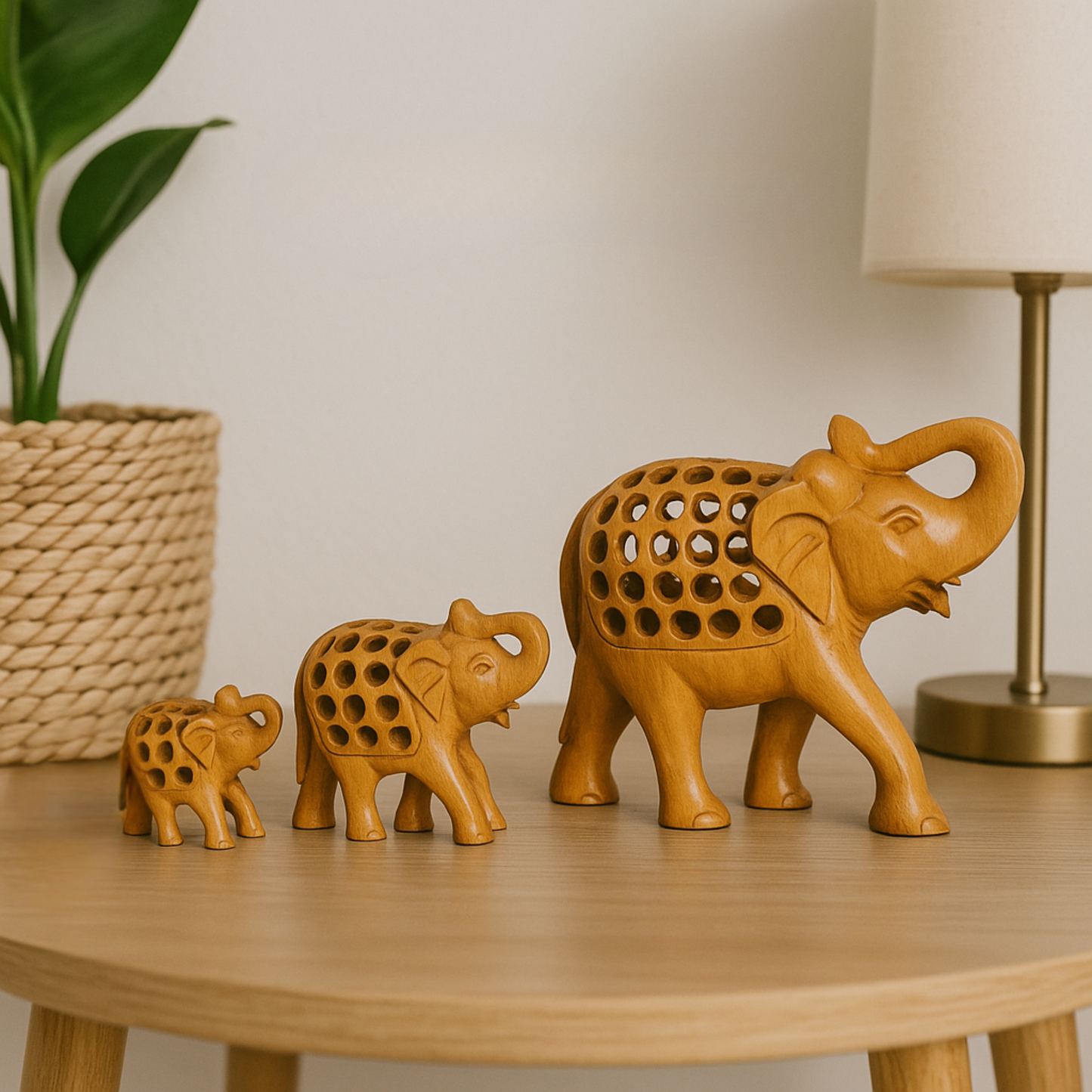 Handcrafted Wooden Elephant Family – Intricate Jali Work Décor
