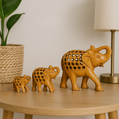 Handcrafted Wooden Elephant Family – Intricate Jali Work Décor