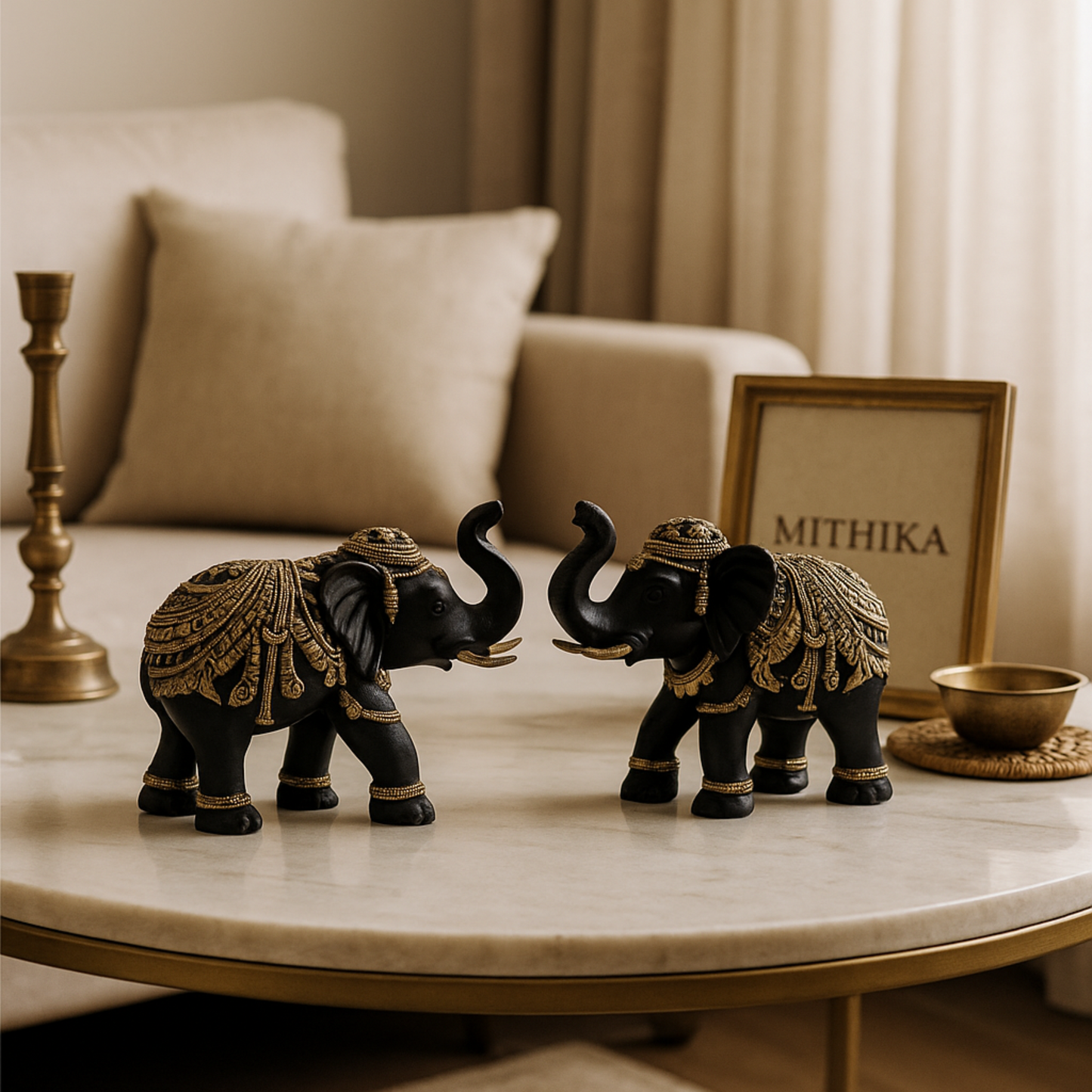Regal Elephant Duo – Black & Gold Handcrafted Showpiece Set