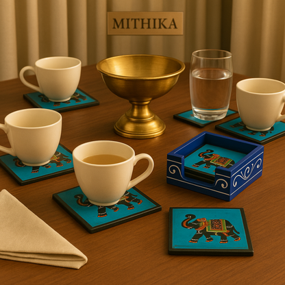 Royal Elephant Coaster Set (6 Pieces) with Wooden Holder