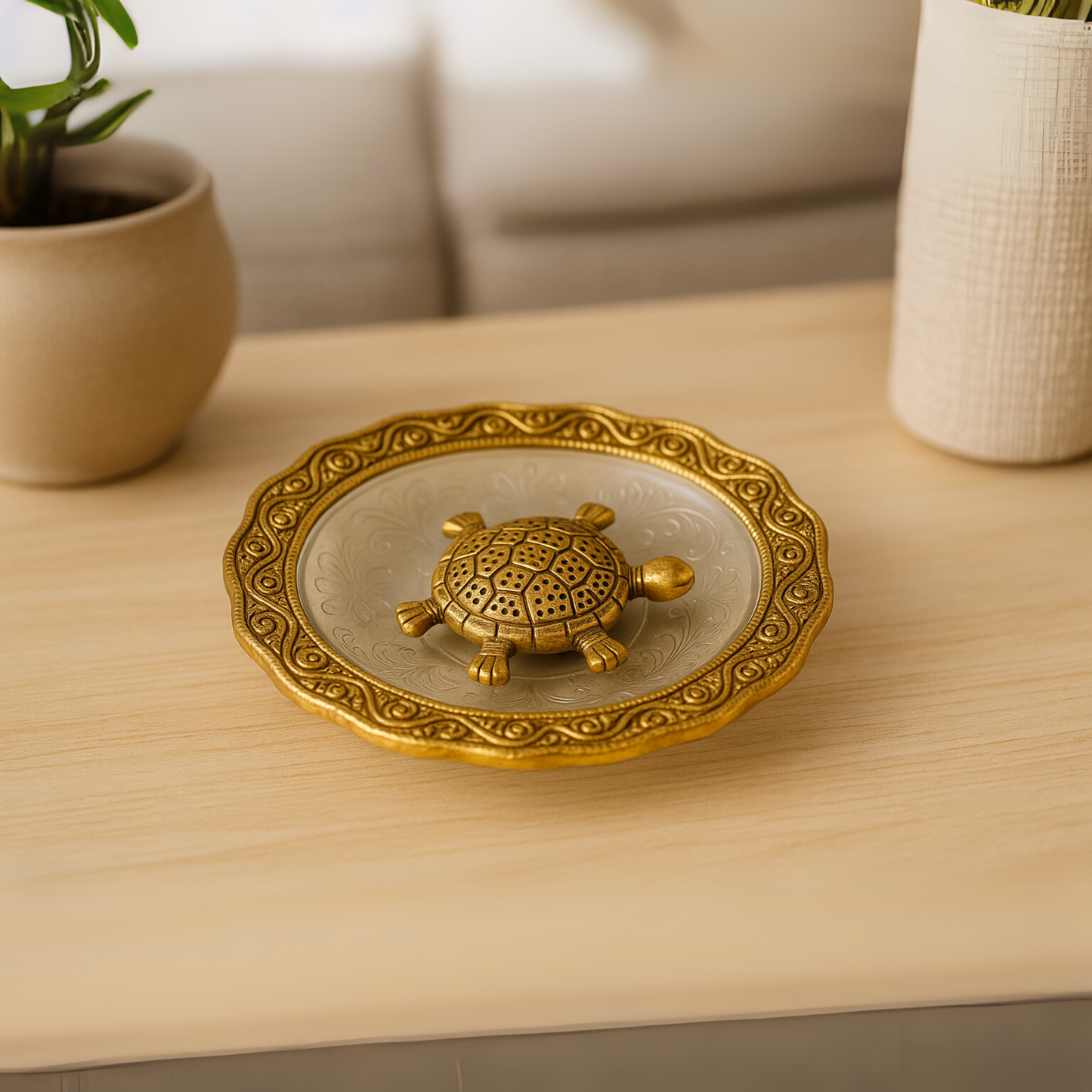 Decorative Turtle on Ornate Glass Plate – Auspicious Home Accent