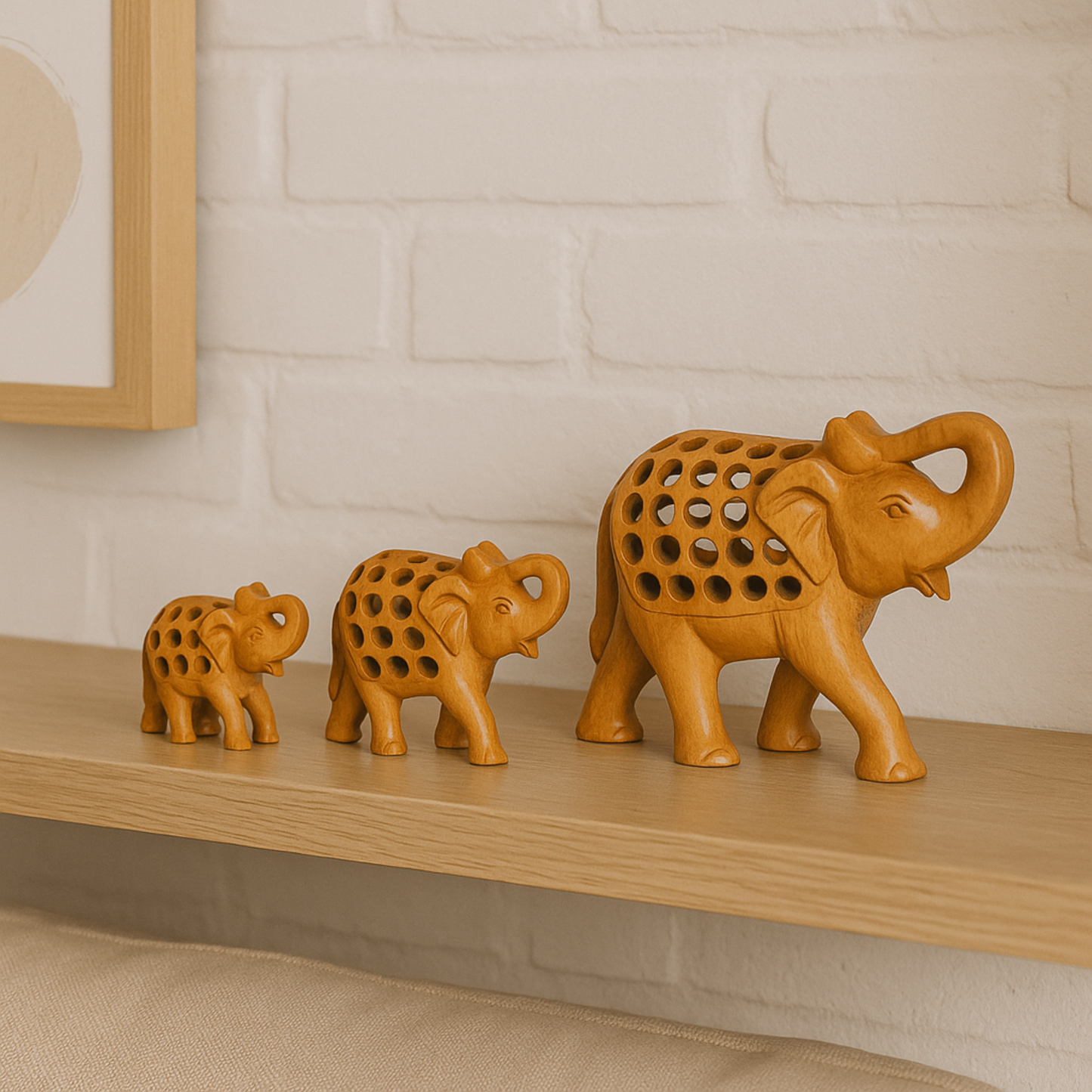Handcrafted Wooden Elephant Family – Intricate Jali Work Décor