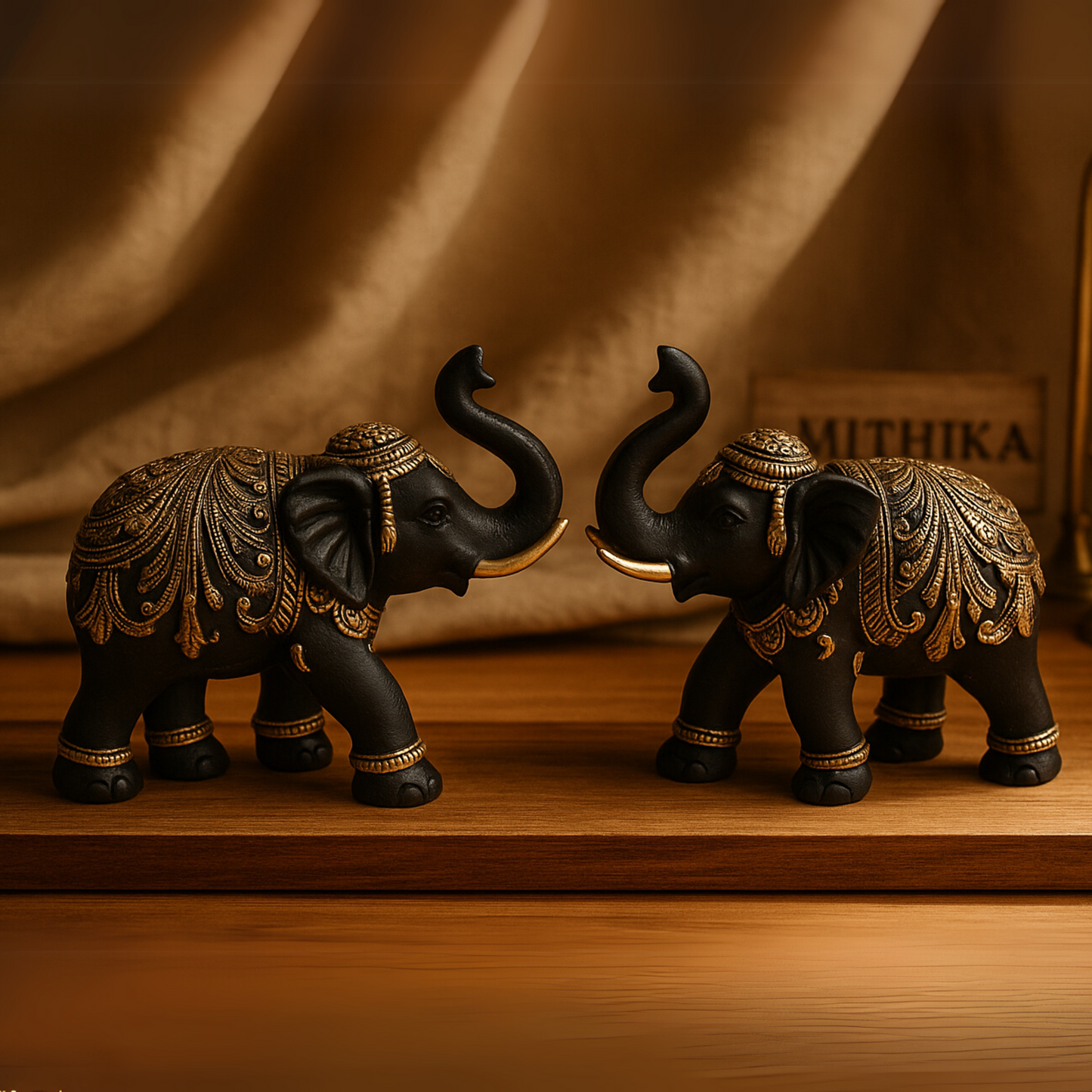 Regal Elephant Duo – Black & Gold Handcrafted Showpiece Set