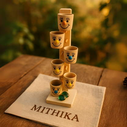 Wooden Marble Run Tower with Smiley Face Buckets