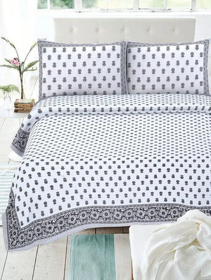 Monochrome Bloom – King Size Block Print Bedsheet Set