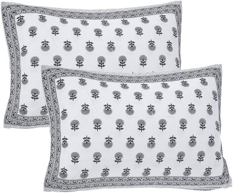 Monochrome Bloom – King Size Block Print Bedsheet Set