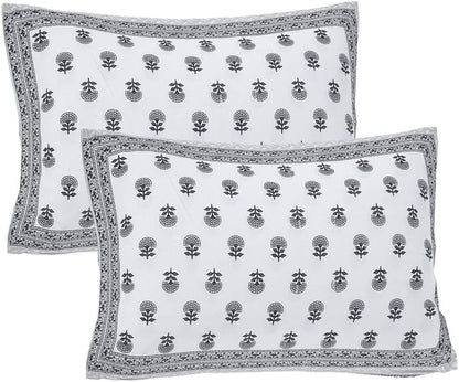 Monochrome Bloom – King Size Block Print Bedsheet Set