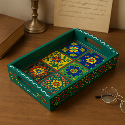 Hand-Painted Wooden Tile Tray - Moroccan Floral Elegance