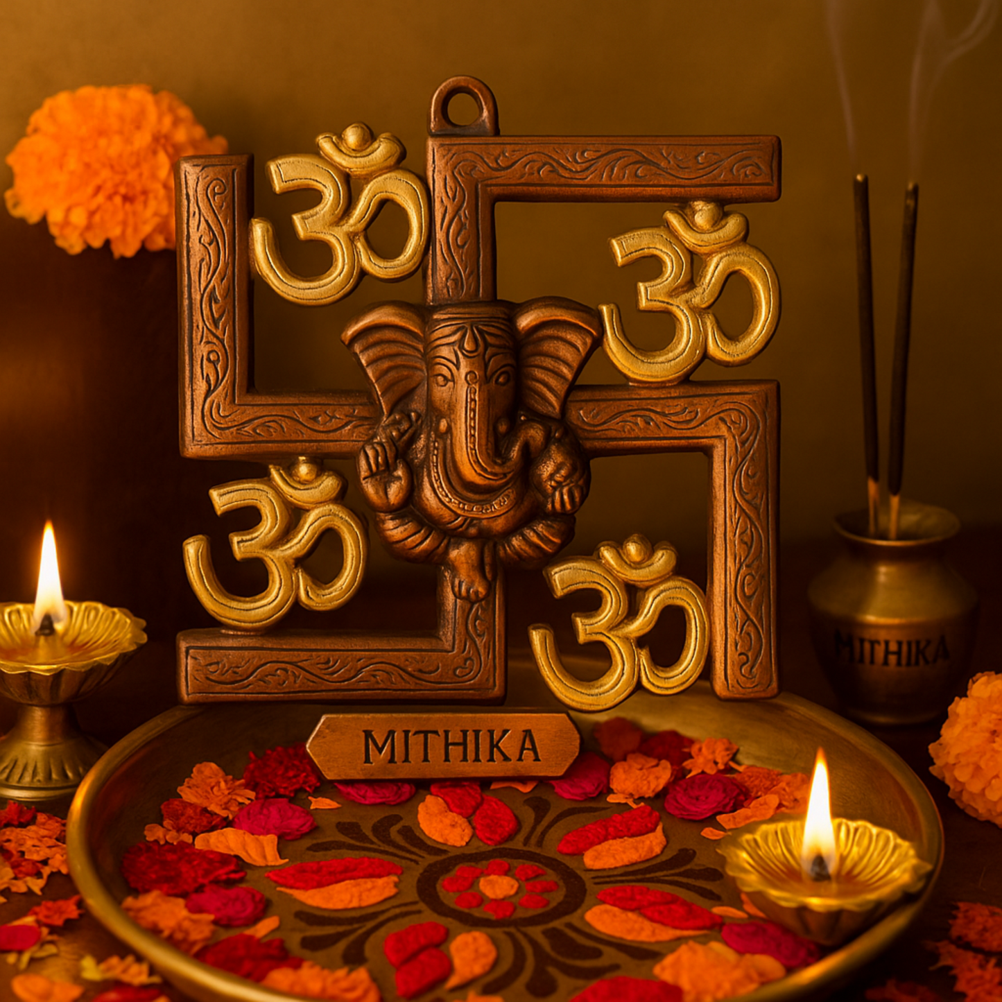 Swastik Ganesh Wall Décor – Royal Brass Elegance with Om Accents
