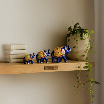 Royal Blue Elephant Trio – Hand-Painted Rajasthani Décor Set