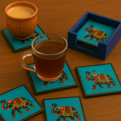 Royal Elephant Coaster Set (6 Pieces) with Wooden Holder