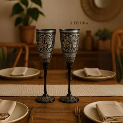 Antique Engraved Goblet Set – Pair of Royal Etched Metal Chalices