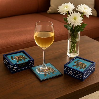 Royal Elephant Coaster Set (6 Pieces) with Wooden Holder