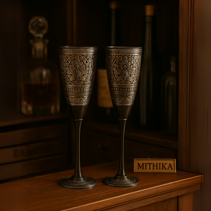 Antique Engraved Goblet Set – Pair of Royal Etched Metal Chalices