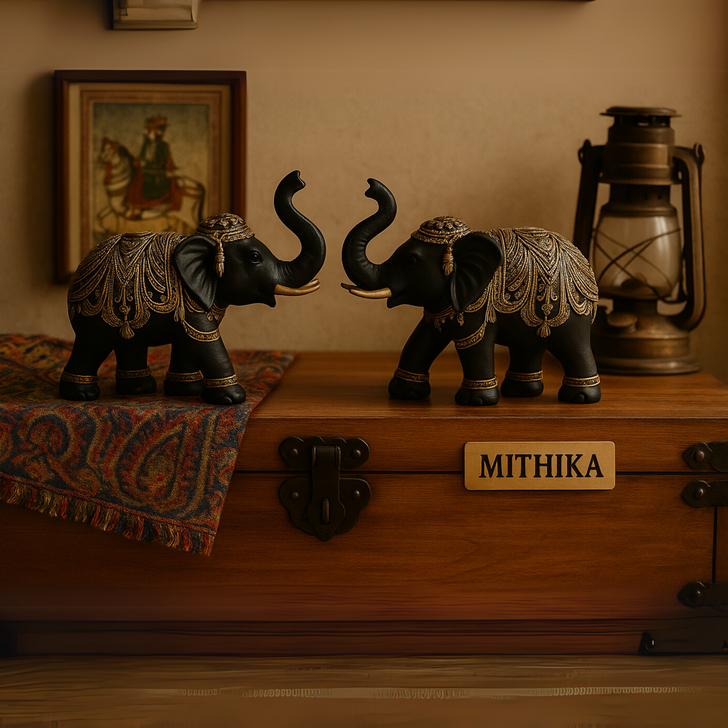 Regal Elephant Duo – Black & Gold Handcrafted Showpiece Set