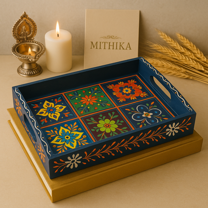 Hand-Painted Wooden Tile Tray - Moroccan Floral Elegance