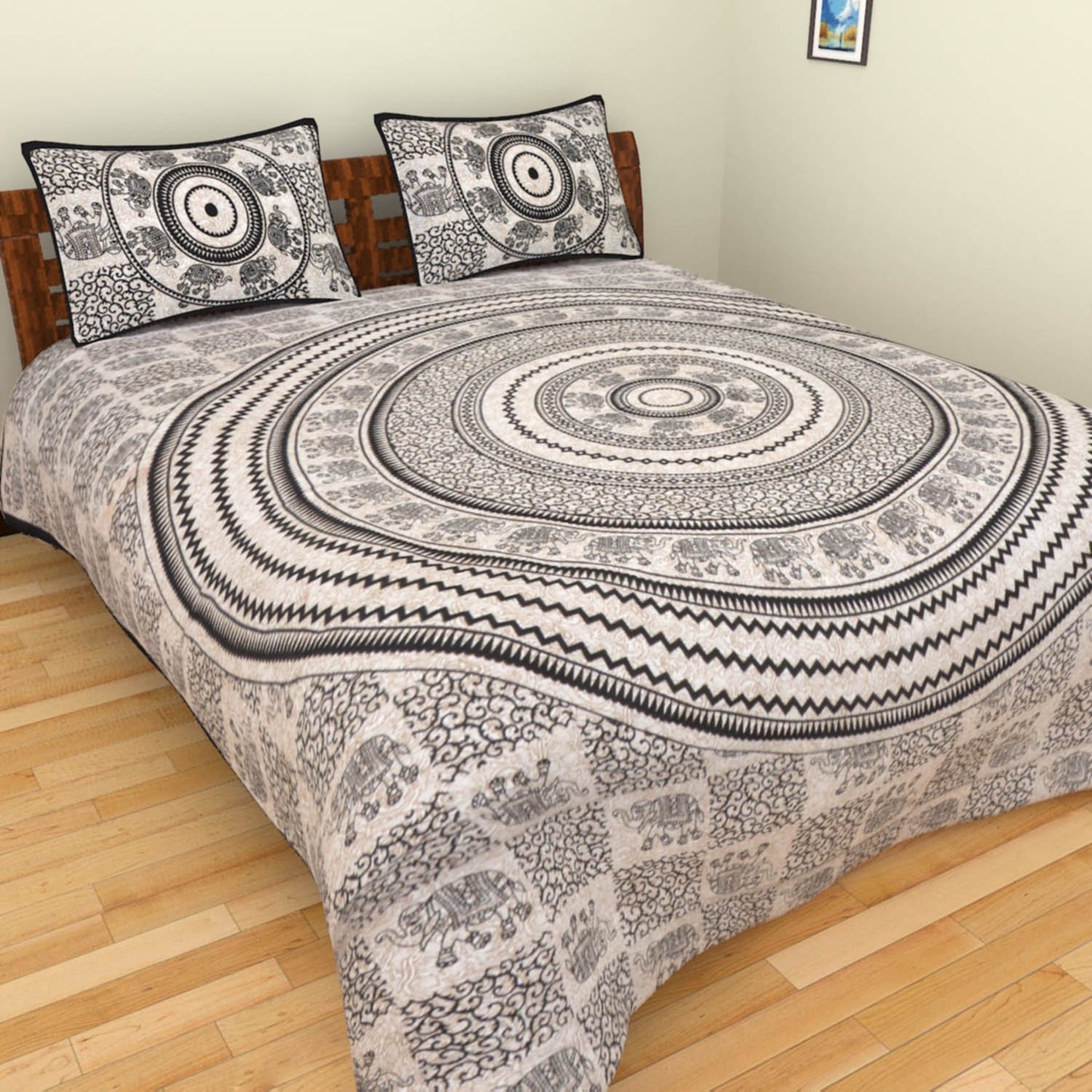 Black & White Mandala Elephant Bedsheet | Ethnic Cotton Double Bedsheet Set