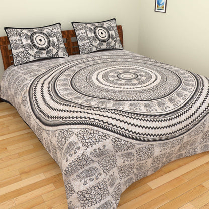 Black & White Mandala Elephant Bedsheet | Ethnic Cotton Double Bedsheet Set