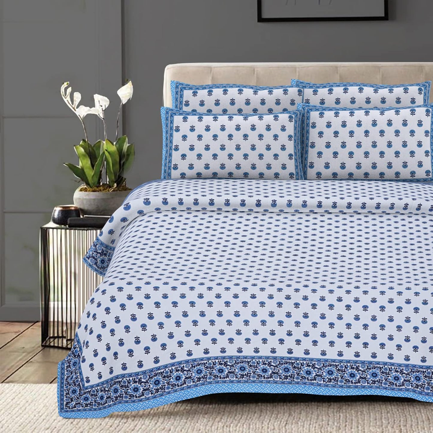 Monochrome Bloom – King Size Block Print Bedsheet Set