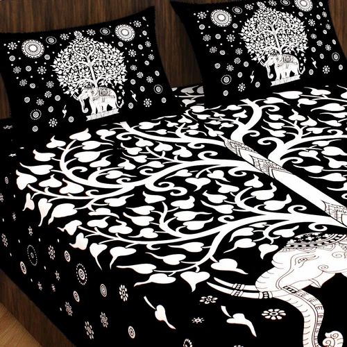 Black & White Tree of Life Bedsheet | Elephant Rajasthani Print | 100% Cotton