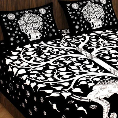 Black & White Tree of Life Bedsheet | Elephant Rajasthani Print | 100% Cotton