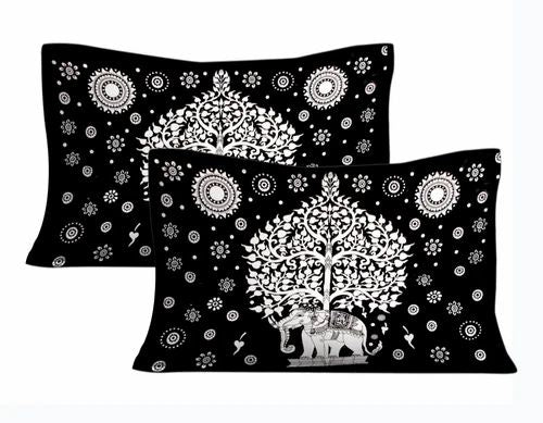 Black & White Tree of Life Bedsheet | Elephant Rajasthani Print | 100% Cotton