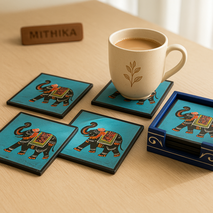 Royal Elephant Coaster Set (6 Pieces) with Wooden Holder