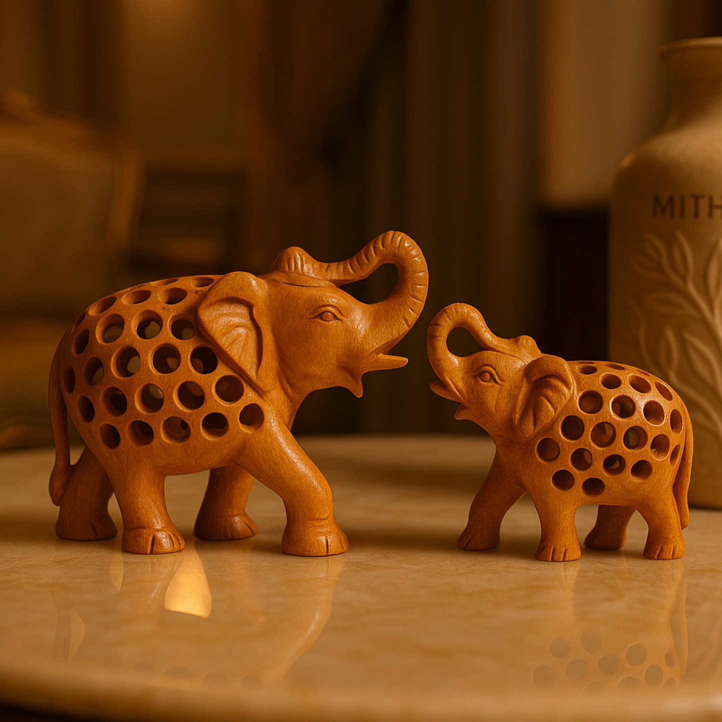 Handcrafted Wooden Elephant Family – Intricate Jali Work Décor