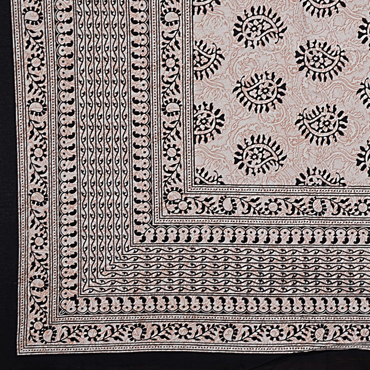 Handblock Printed Cotton Bedsheet Set – Floral Vine Pattern in Olive Green & Peach (with Pillow Covers