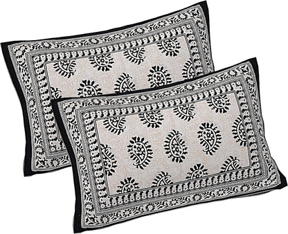 Handblock Printed Cotton Bedsheet Set – Floral Vine Pattern in Olive Green & Peach (with Pillow Covers