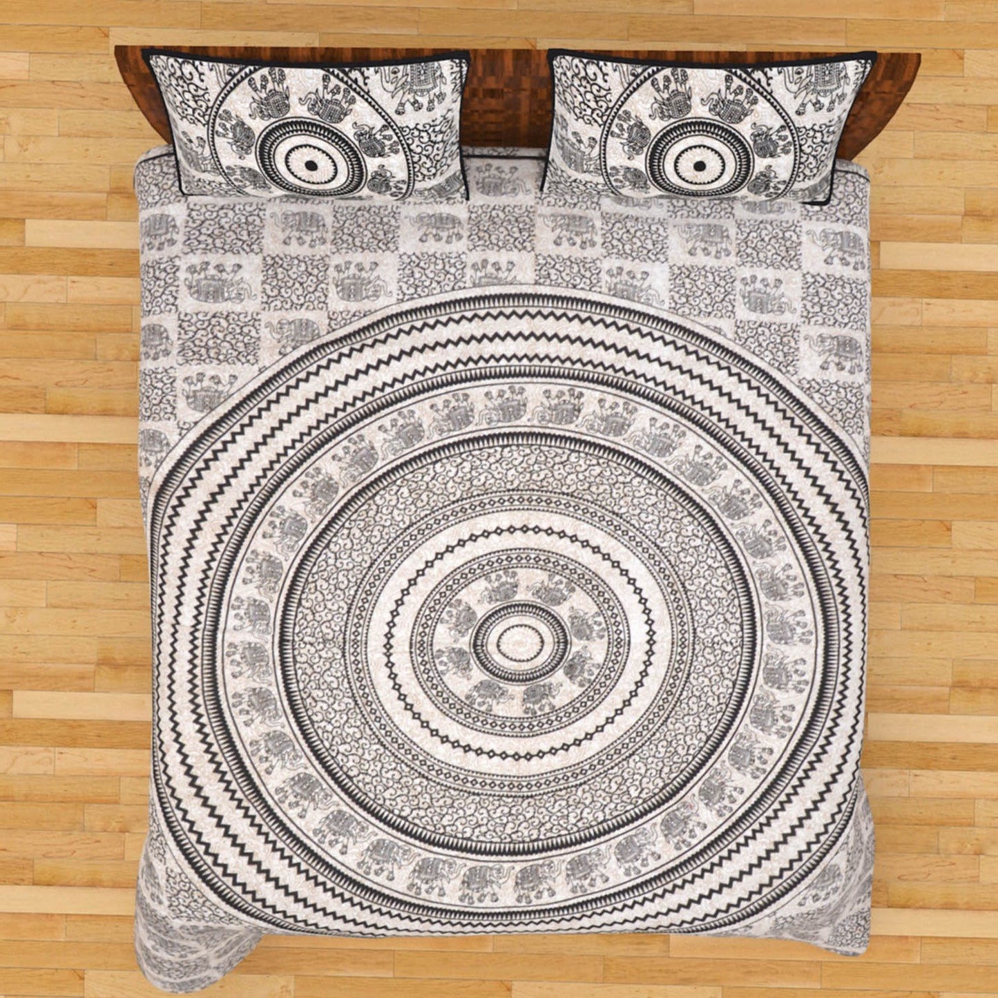 Black & White Mandala Elephant Bedsheet | Ethnic Cotton Double Bedsheet Set