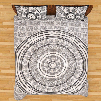 Black & White Mandala Elephant Bedsheet | Ethnic Cotton Double Bedsheet Set