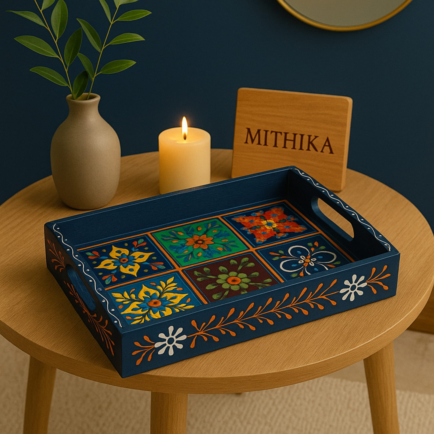Hand-Painted Wooden Tile Tray - Moroccan Floral Elegance