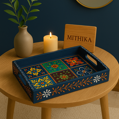 Hand-Painted Wooden Tile Tray - Moroccan Floral Elegance