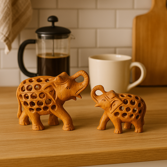 Handcrafted Wooden Elephant Family – Intricate Jali Work Décor