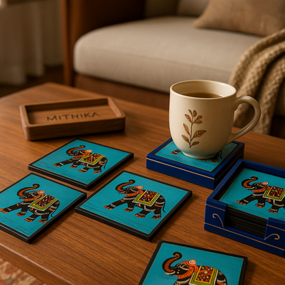 Royal Elephant Coaster Set (6 Pieces) with Wooden Holder