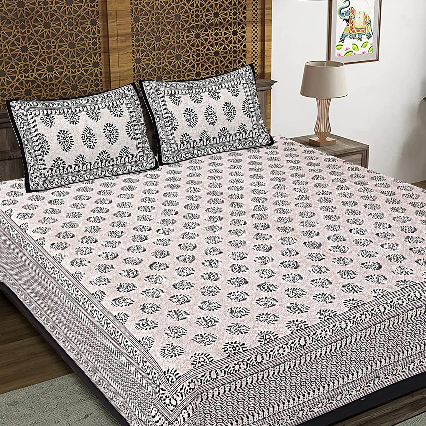 Handblock Printed Cotton Bedsheet Set – Floral Vine Pattern in Olive Green & Peach (with Pillow Covers