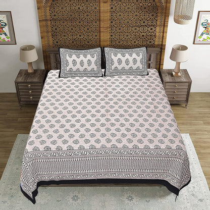 Handblock Printed Cotton Bedsheet Set – Floral Vine Pattern in Olive Green & Peach (with Pillow Covers