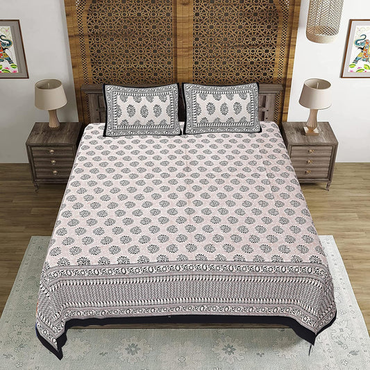 Handblock Printed Cotton Bedsheet Set – Floral Vine Pattern in Olive Green & Peach (with Pillow Covers