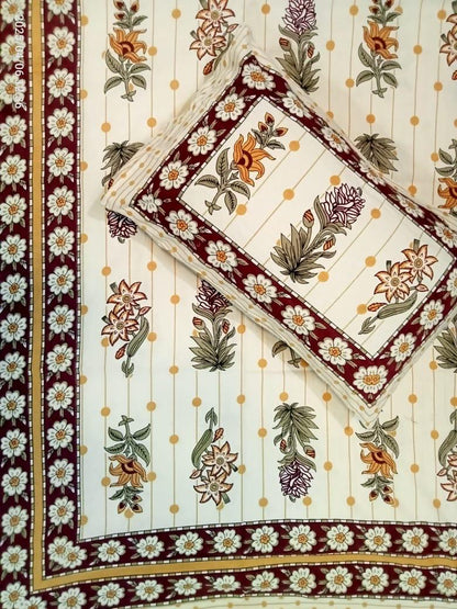 Handblock Printed Cotton Bedsheet Set | Traditional Jaipuri Floral Design
