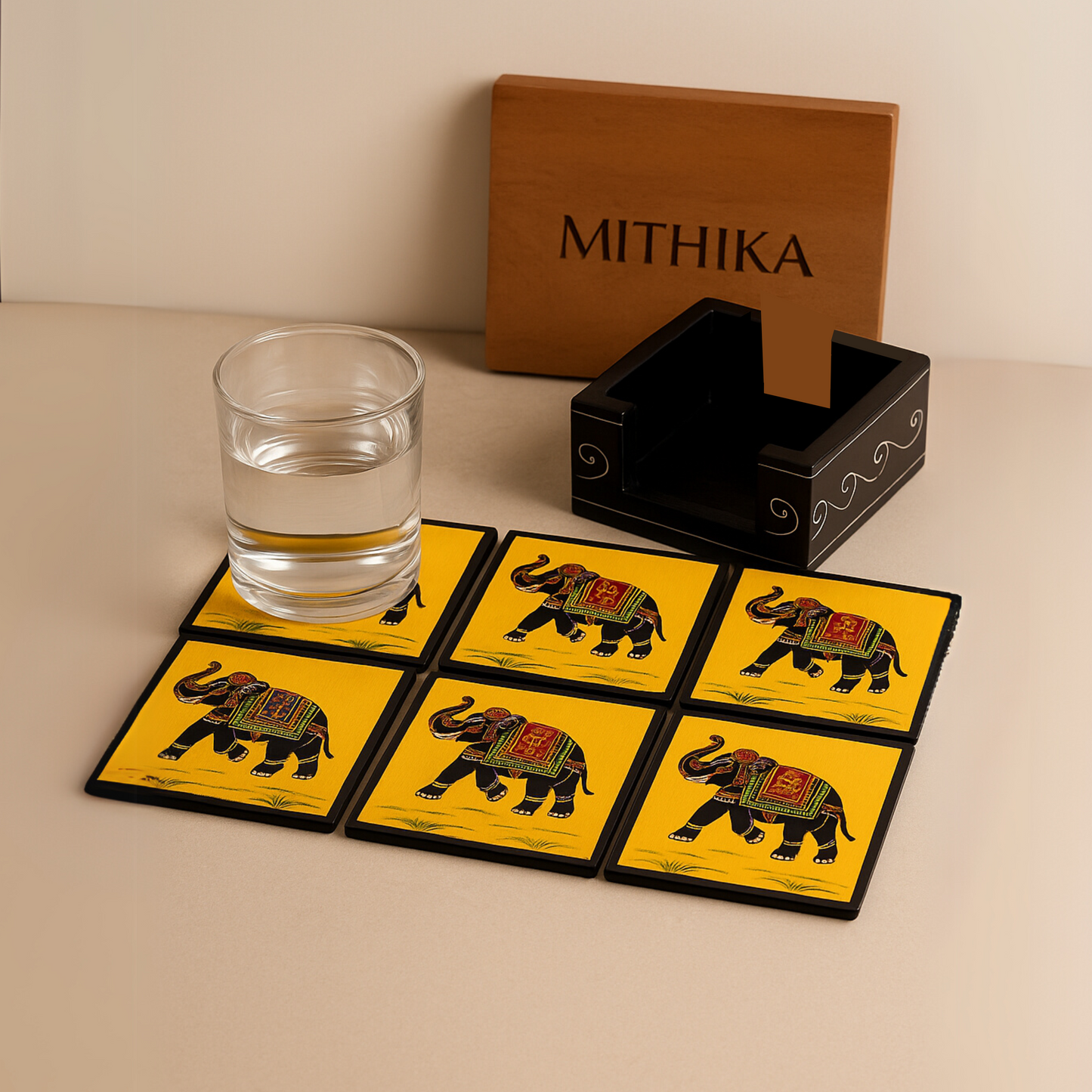 Royal Elephant Coaster Set (6 Pieces) with Wooden Holder