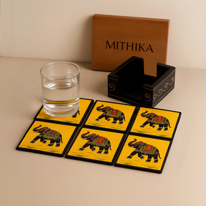 Royal Elephant Coaster Set (6 Pieces) with Wooden Holder