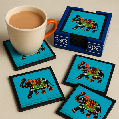 Royal Elephant Coaster Set (6 Pieces) with Wooden Holder
