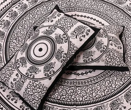 Black & White Mandala Elephant Bedsheet | Ethnic Cotton Double Bedsheet Set